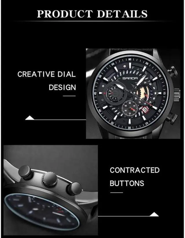 Alt view image 6 of 7 - SANDA 5010P Six-Pin Cool Big Dial Waterproof Three-Eye Men Watch Leather Strap Fashion Trend Men Watch(Orange) (Black)