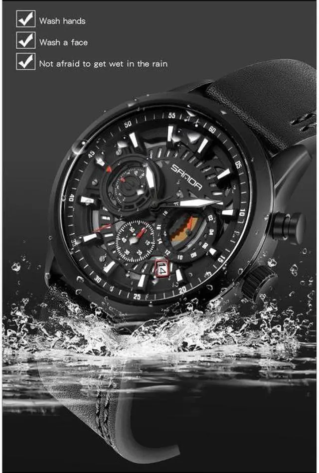 Alt view image 5 of 7 - SANDA 5010P Six-Pin Cool Big Dial Waterproof Three-Eye Men Watch Leather Strap Fashion Trend Men Watch(Orange) (Black)