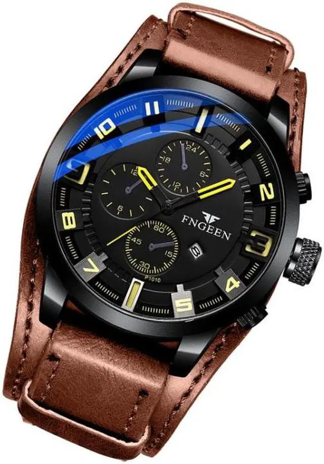 Alt view image 2 of 6 - FNGEEN P1010 Men Fashion Large Dial Leather Belt Watch Student Casual Quartz Watch (Light Brown Leather With Yellow Words)