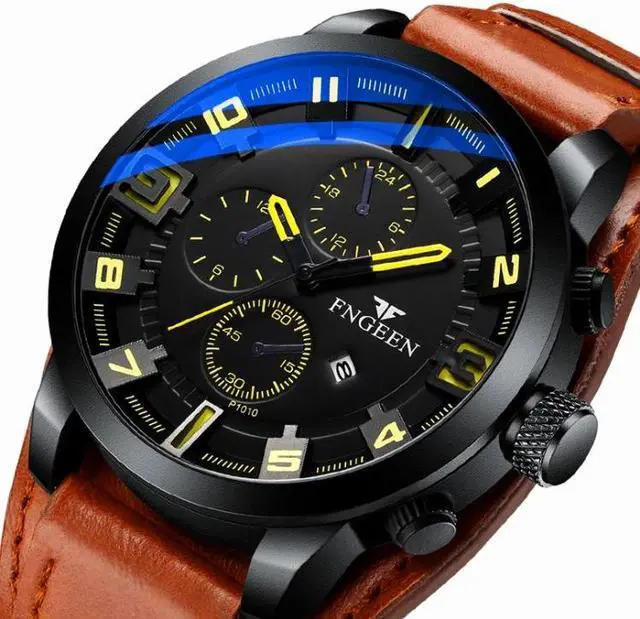 Alt view image 4 of 6 - FNGEEN P1010 Men Fashion Large Dial Leather Belt Watch Student Casual Quartz Watch (Light Brown Leather With Yellow Words)