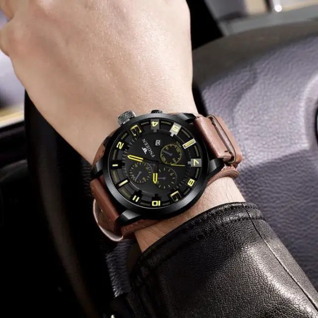 Alt view image 6 of 6 - FNGEEN P1010 Men Fashion Large Dial Leather Belt Watch Student Casual Quartz Watch (Light Brown Leather With Yellow Words)