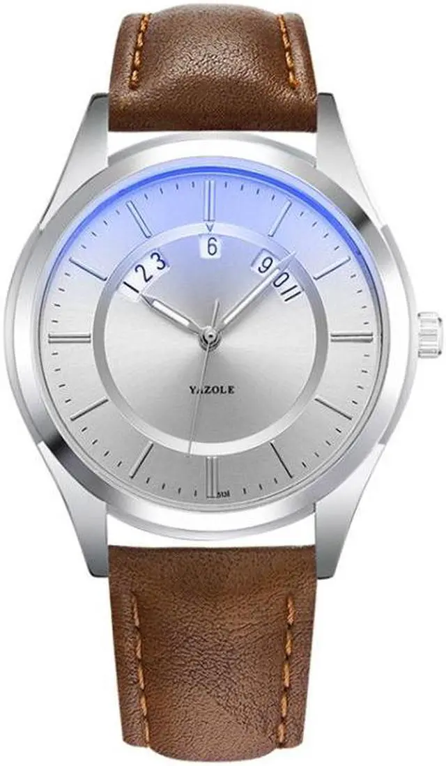 Main image of YAZOLE 513 Leather Band Calendar Waterproof Quartz Watch (Silver+Brown)