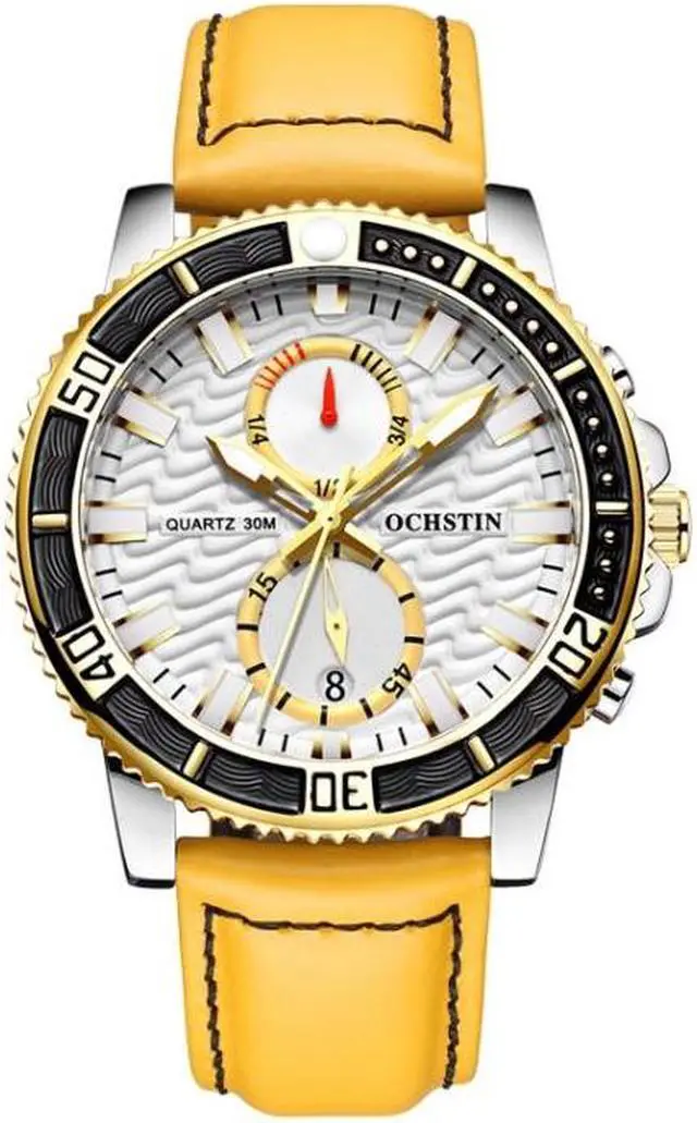 Main image of Ochstin 6045A Multifunctional Quartz Luminous Genuine Leather Men Watch (Gold+Yellow)