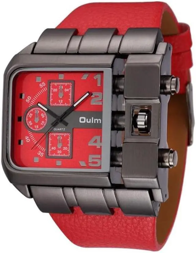 Main image of Oulm 3364 Men Square Dial Leather Belt Quartz Watch 3364 Red (Red)
