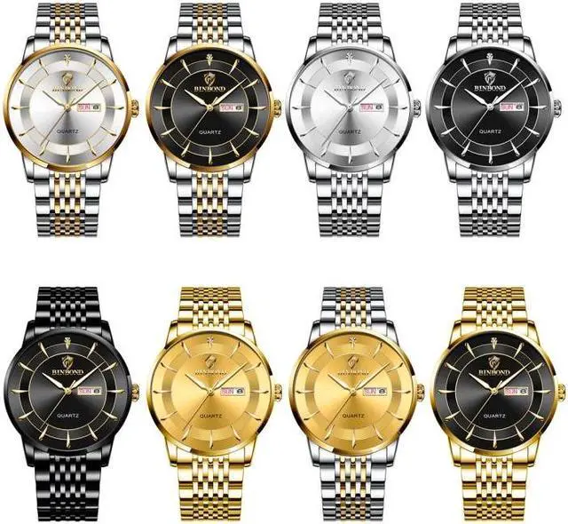 Alt view image 2 of 7 - BINBOND B2077 30M Waterproof Quartz Luminous Watch Butterfly Buckle Men's Steel Belt Watch (Inter-gold-Black)