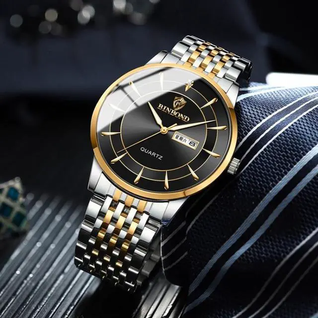 Alt view image 7 of 7 - BINBOND B2077 30M Waterproof Quartz Luminous Watch Butterfly Buckle Men's Steel Belt Watch (Inter-gold-Black)