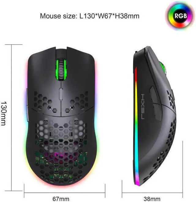 Alt view image 2 of 7 - HXSJ T66 7 Keys Colorful Lighting Programmable Gaming Wireless Mouse (Black)