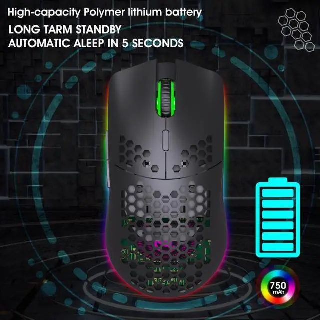 Alt view image 6 of 7 - HXSJ T66 7 Keys Colorful Lighting Programmable Gaming Wireless Mouse (Black)