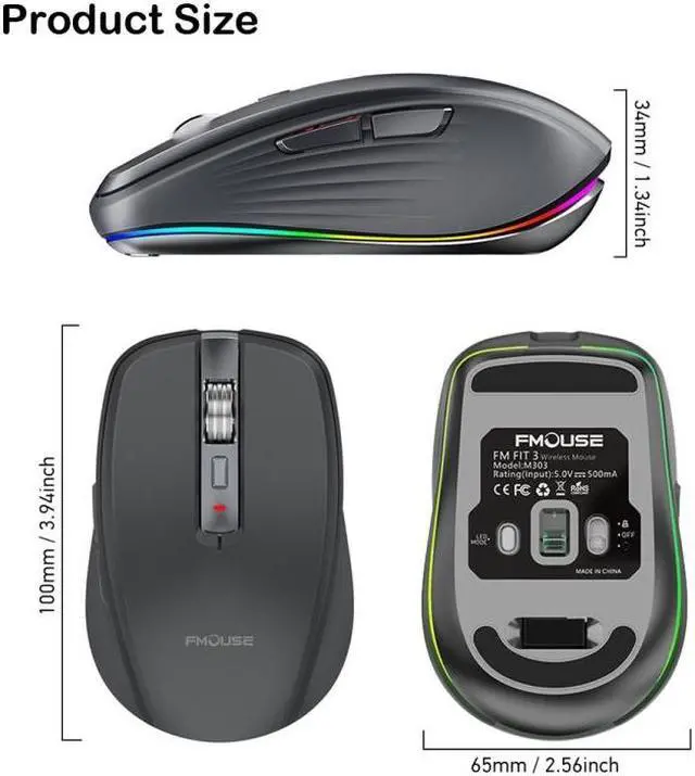 Alt view image 3 of 7 - Fmouse M303 2400DPI Bluetooth&2.4G Dual Modes Rechargeable RGB Mouse (Gray)