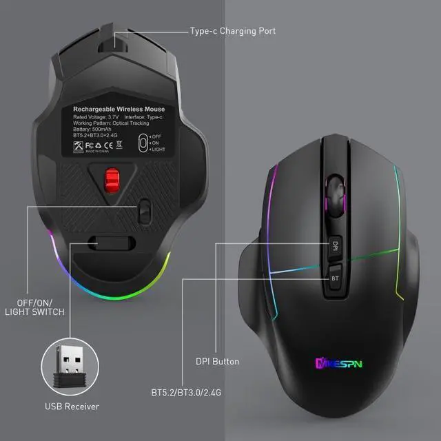 Alt view image 6 of 7 - MKESPN X11 Bluetooth Three-modes Charging Wireless RGB Gaming Mouse
