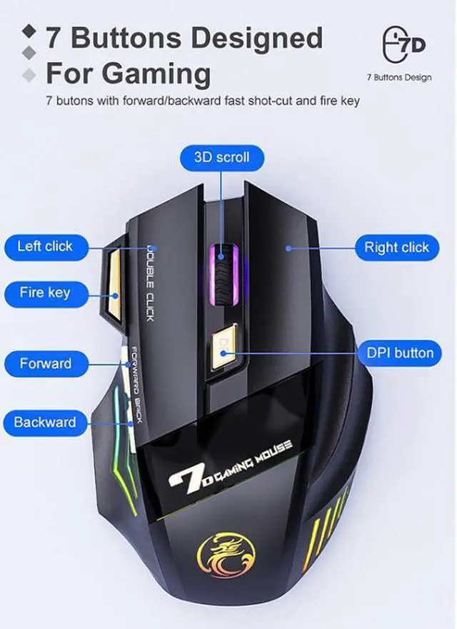 Alt view image 3 of 6 - iMICE GW-X7 7-button Silent Rechargeable Wireless Gaming Mouse with Colorful RGB Lights GW-X7 2.4G (Black)