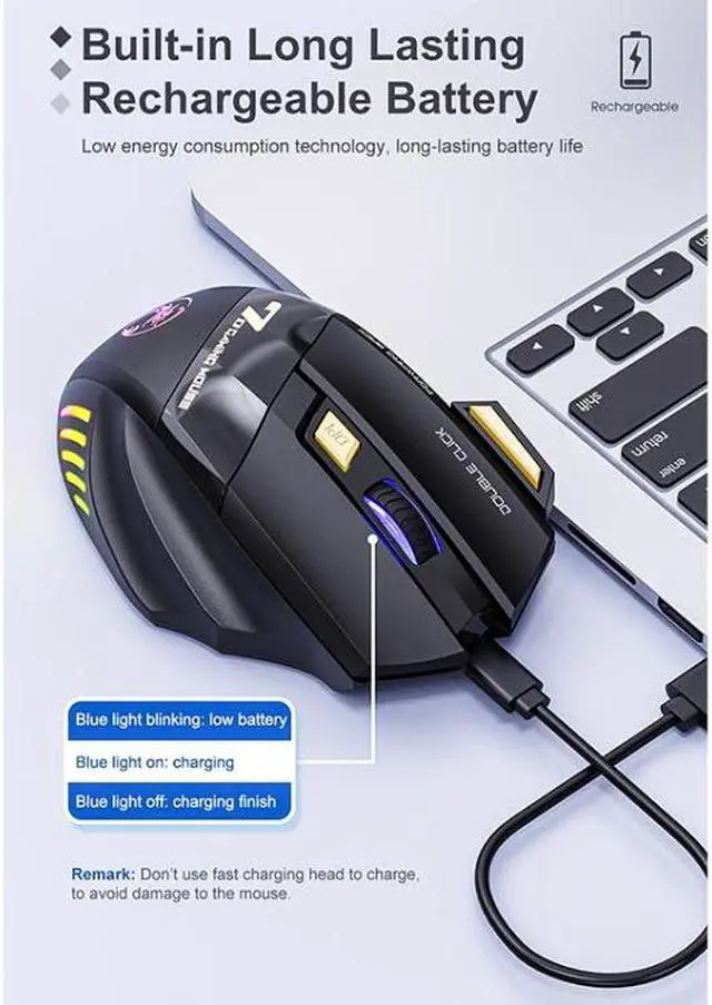 Alt view image 4 of 6 - iMICE GW-X7 7-button Silent Rechargeable Wireless Gaming Mouse with Colorful RGB Lights GW-X7 2.4G (Black)
