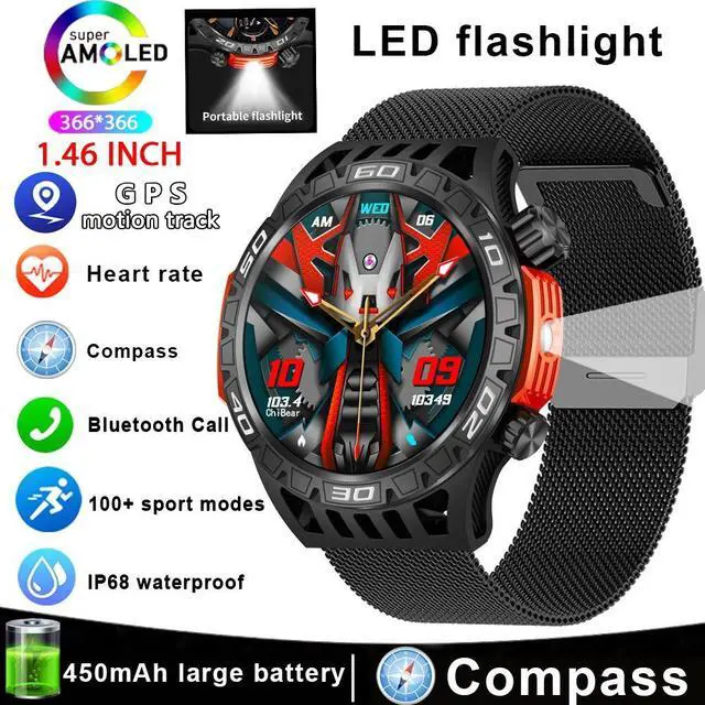 Main image of Outdoor Military Smart Watch Men's With LED lighting Bluetooth Call Smartwatch 3ATM IP68 Waterproof Compass Sports Fitness Watch
