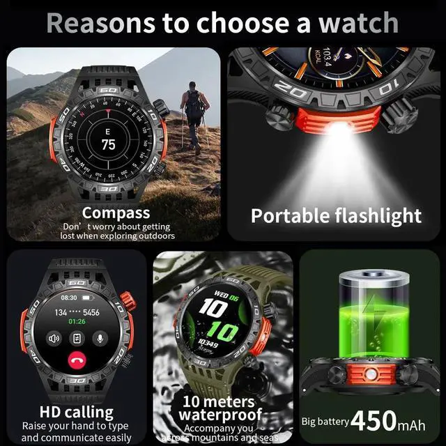 Alt view image 2 of 6 - Outdoor Military Smart Watch Men's With LED lighting Bluetooth Call Smartwatch 3ATM IP68 Waterproof Compass Sports Fitness Watch