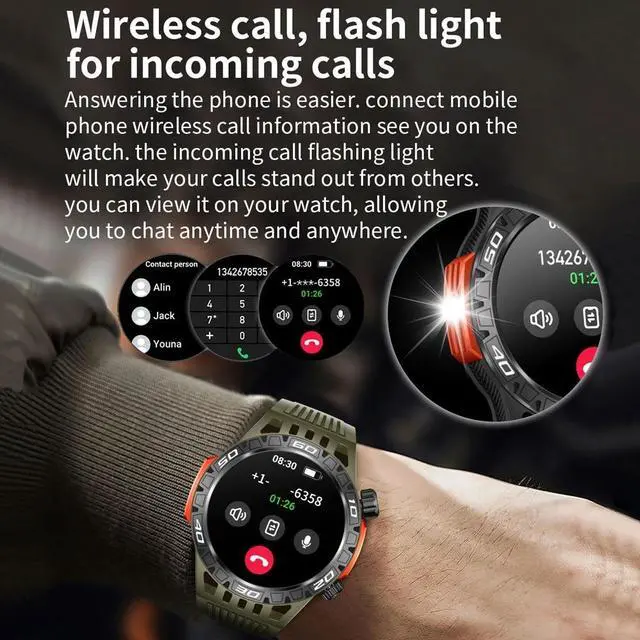 Alt view image 3 of 6 - Outdoor Military Smart Watch Men's With LED lighting Bluetooth Call Smartwatch 3ATM IP68 Waterproof Compass Sports Fitness Watch