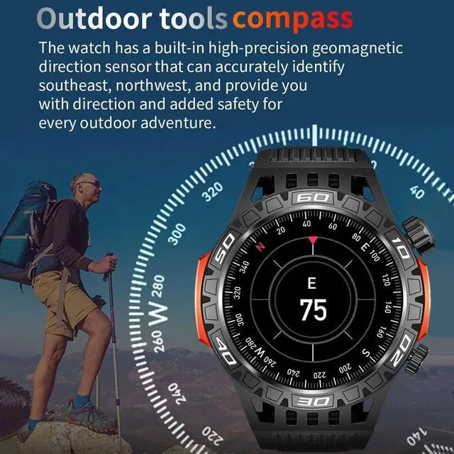 Alt view image 4 of 6 - Outdoor Military Smart Watch Men's With LED lighting Bluetooth Call Smartwatch 3ATM IP68 Waterproof Compass Sports Fitness Watch
