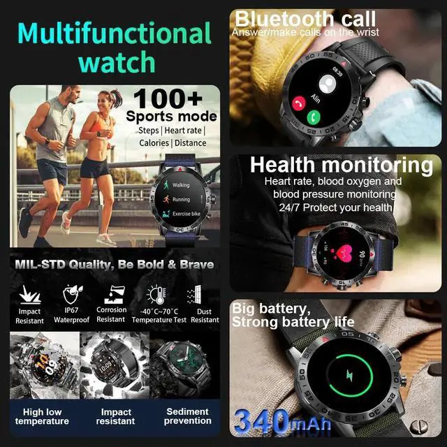 Alt view image 5 of 6 - Men's Outdoor Military Sports Fitness Bluetooth Call Smartwatch IP67 Waterproof Voice Assistant Health Monitoring Smart Watch
