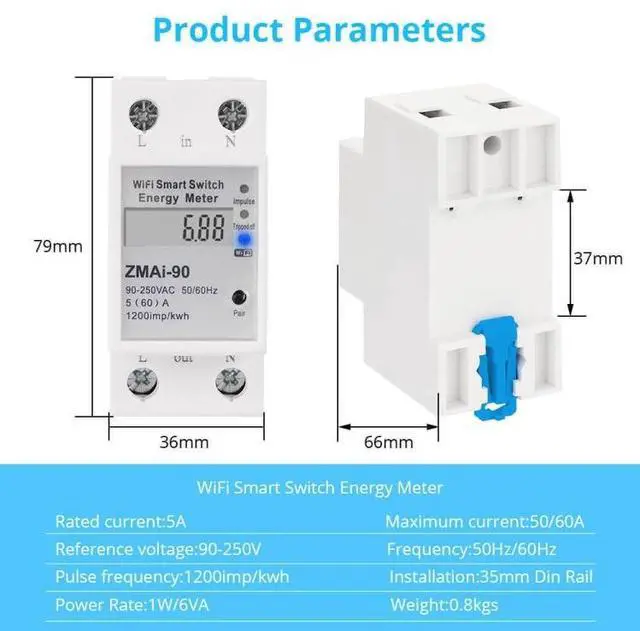 Alt view image 3 of 7 - ZMAi-90 Wifi Smart Switch Energy Meter Support Tuya Smart Life APP Work With Alexa Google ZMAi-90