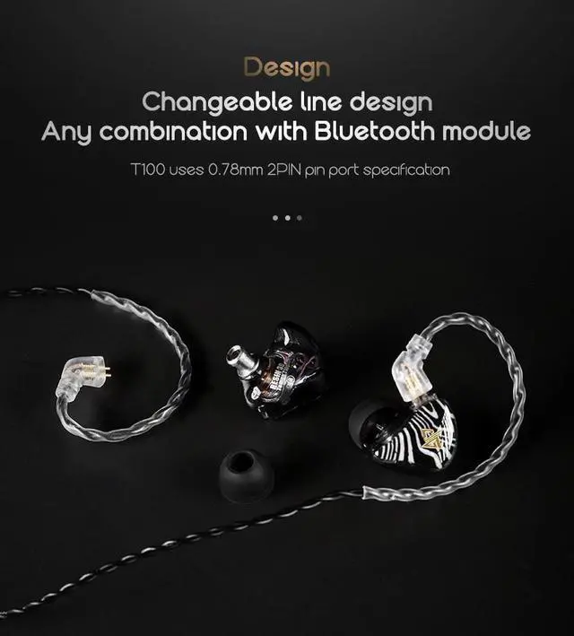 Alt view image 3 of 7 - T100 Earbuds HiFi Audio 8mm Dual Dynamic Driver In-ear Earphone Bass IEM 2Pin 0.78mm Detachable Cable Sports Headphones