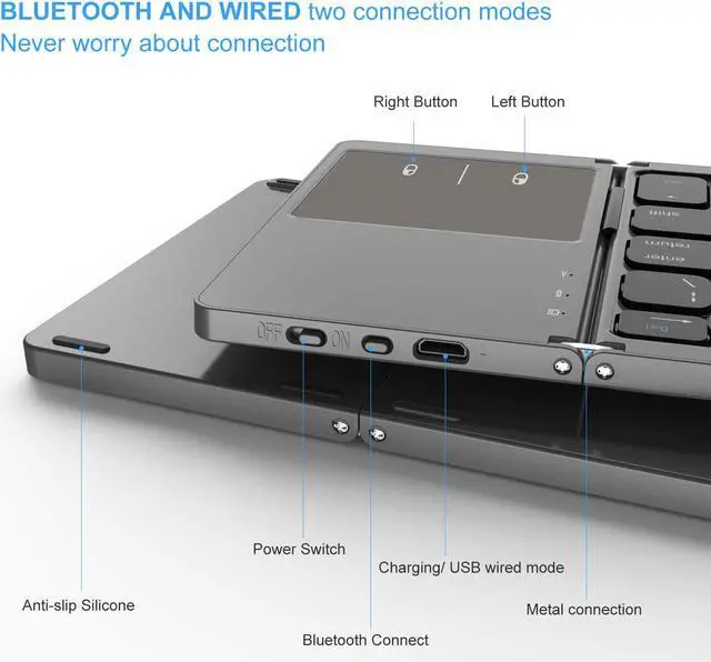 Alt view image 7 of 7 - Foldable Bluetooth Keyboard for ipad, Dual Mode Bluetooth & USB Wired Rechargable Portable Mini BT Wireless Keyboard with Touchpad Mouse for Android, Windows, PC, Tablet-Dark