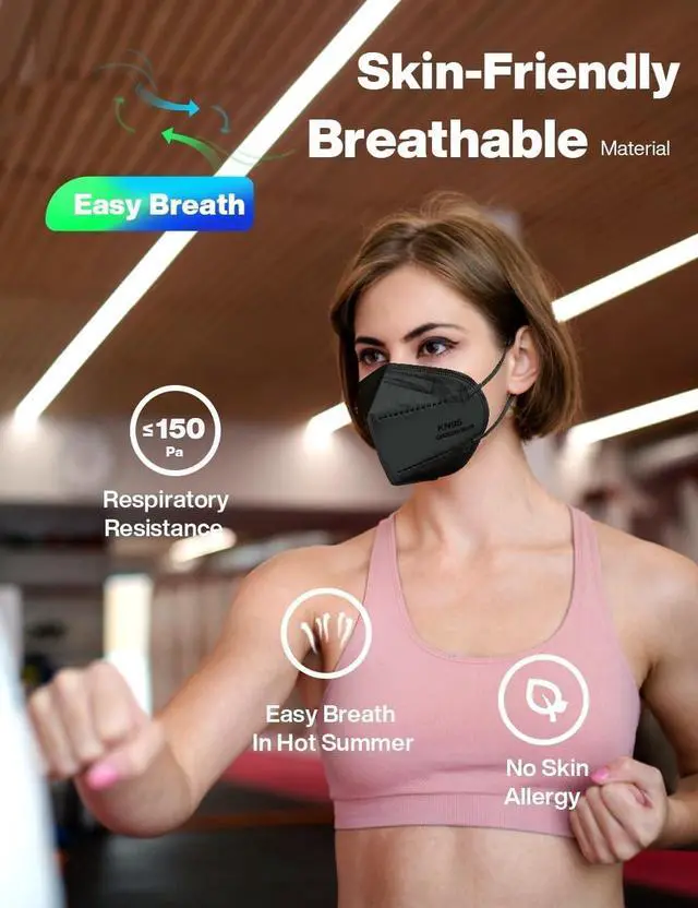 Alt view image 4 of 6 - KN95 Face Masks 100 Pack, Black, 5-Layer Disposable Face Masks, Breathable and Comfortable