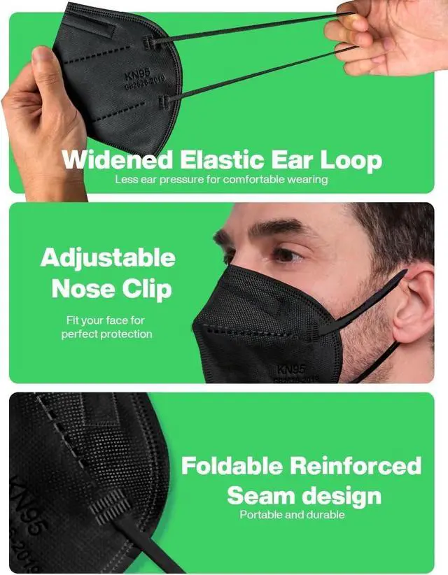 Alt view image 3 of 6 - KN95 Face Masks 100 Pack, Black, 5-Layer Disposable Face Masks, Breathable and Comfortable