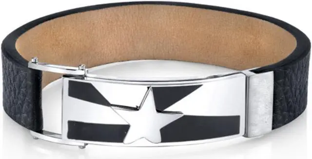Alt view image 3 of 5 - Mens Shooting Star Black Genuine Leather and Stainless Steel Bracelet