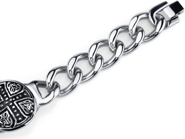 Alt view image 7 of 8 - Rugged ID Style Stainless Steel Celtic Cross Curb Chain Bracelet