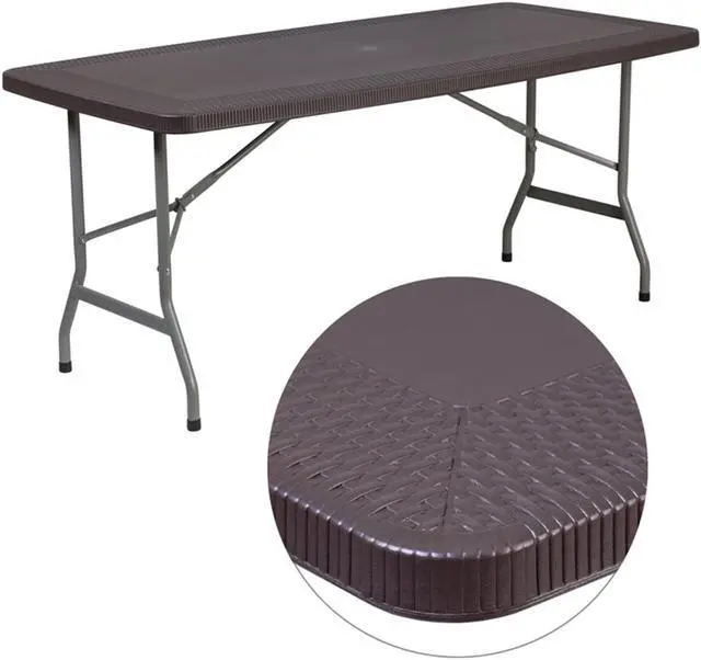 Alt view image 7 of 20 - 5.62-Foot Brown Rattan Indoor-Outdoor Plastic Folding Table