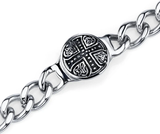 Alt view image 5 of 8 - Rugged ID Style Stainless Steel Celtic Cross Curb Chain Bracelet