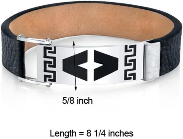 Alt view image 6 of 6 - Mens Greek Key Black Genuine Leather and Stainless Steel Bracelet