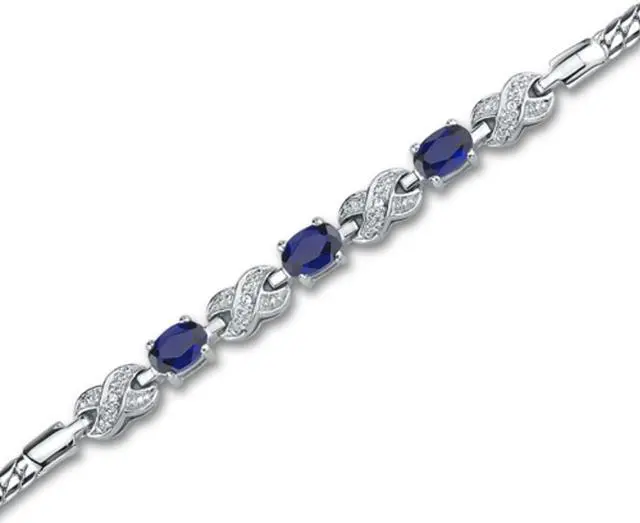 Alt view image 2 of 4 - Luxurious Oval Cut Created Sapphire & White CZ Gemstone Bracelet in Sterling Silver