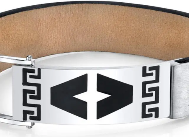 Alt view image 5 of 6 - Mens Greek Key Black Genuine Leather and Stainless Steel Bracelet
