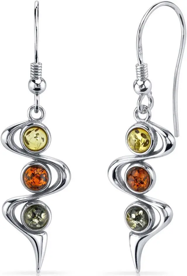 Alt view image 4 of 6 - Oravo Three Stone Baltic Amber Earrings Sterling Silver Green Honey Cognac Colors