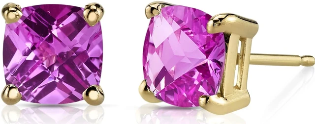 Alt view image 4 of 5 - 14K Yellow Gold Cushion Cut 2.50 Carats Created Pink Sapphire Stud Earrings