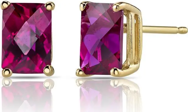 Alt view image 4 of 5 - 14K Yellow Gold Radiant Cut 2.50 Carats Created Ruby Stud Earrings