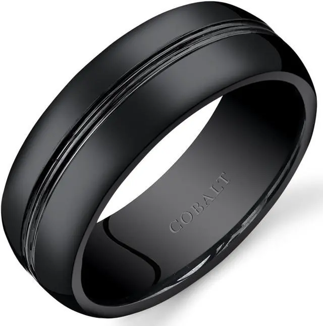 Alt view image 5 of 5 - Mens 8mm Black Cobalt Wedding Band Ring Double Groove, Sizes 7 through 14