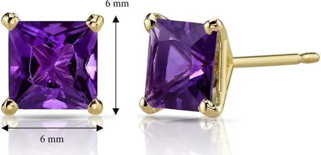 Alt view image 5 of 5 - 14K Yellow Gold Princess Cut 2.00 Carats Amethyst Stud Earrings