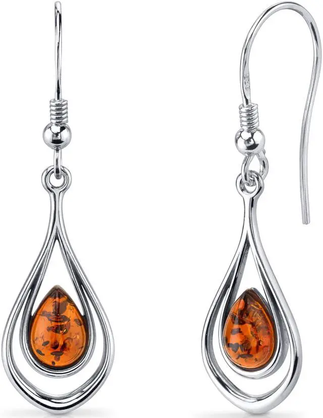 Alt view image 4 of 5 - Oravo Baltic Amber Dangle Earrings Sterling Silver Cognac Color Tear Drop Shape