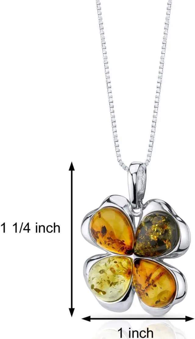 Alt view image 6 of 6 - Oravo Baltic Amber Clover Pendant Necklace Sterling Silver Honey Olive and Cognac Colors, 18"
