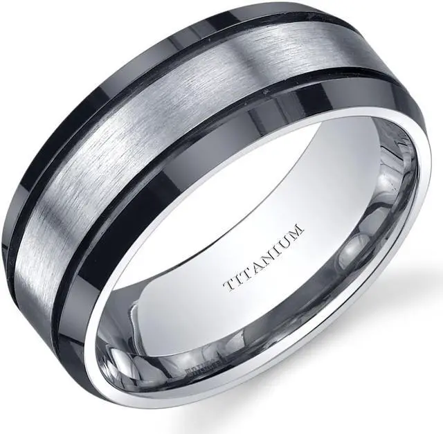 Alt view image 4 of 4 - Beveled edge Black and Silver tone Mens 8mm Titanium Wedding Band Ring Size 9