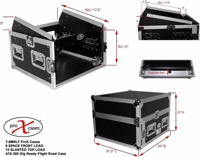 Alt view image 6 of 11 - prox cases t8mrlt 8 space 10u top load slant dj mixer road gig ready flight case combo rack w/gliding laptop shelf