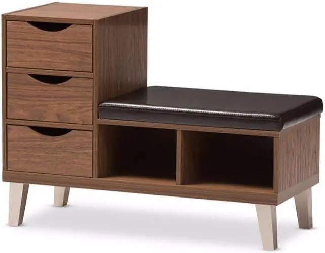 Alt view image 13 of 20 - Baxton Studio Arielle Modern and Contemporary Walnut Brown Wood 3-Drawer Shoe Storage Padded Leatherette Seating Bench with Two Open Shelves