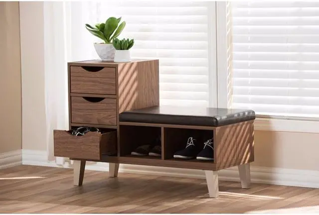 Alt view image 15 of 20 - Baxton Studio Arielle Modern and Contemporary Walnut Brown Wood 3-Drawer Shoe Storage Padded Leatherette Seating Bench with Two Open Shelves