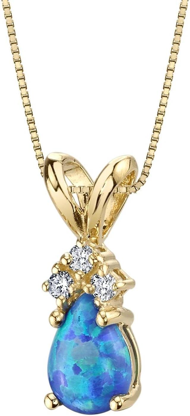 Alt view image 4 of 5 - 14k Yellow Gold Pear Shape Created Blue Opal Diamond Pendant