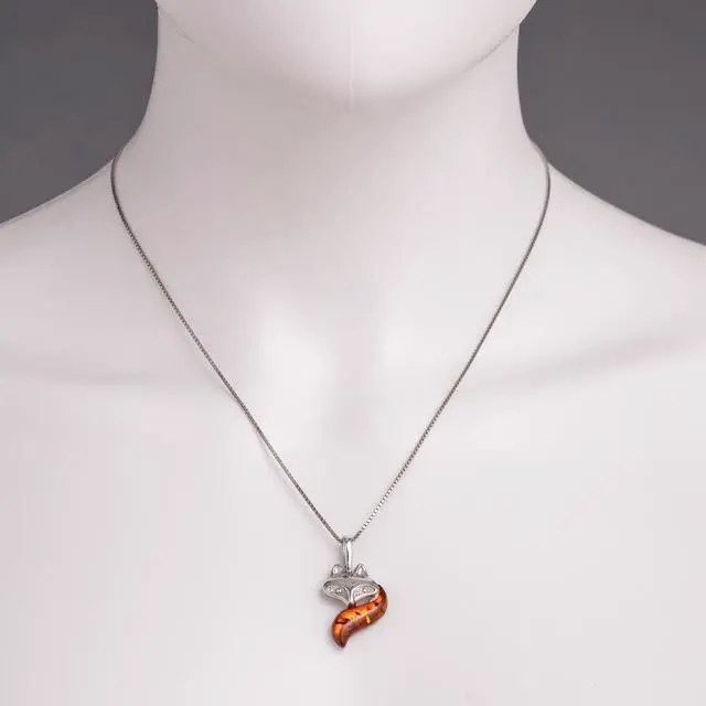 Alt view image 6 of 6 - Baltic Amber Sterling Silver Fox Pendant Necklace Cognac Color