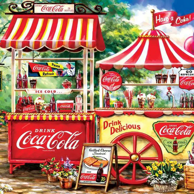 Alt view image 4 of 10 - 2000 piece jigsaw puzzle for adult, family, or kids - coca-cola stand by masterpieces - 39" x 27" - family owned american puzzle company