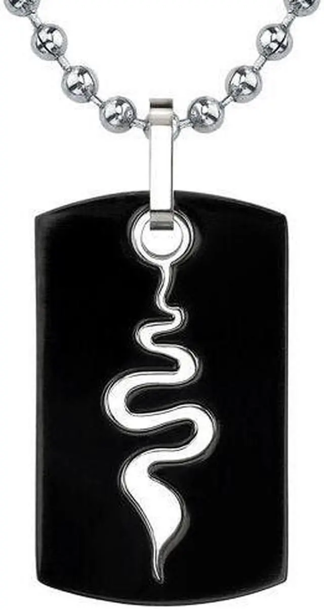 Main image of Mythical Style: Designer Inspired Gunmetal Finish Titanium Serpent Style Dog Tag Pendant on a Stainless Steel Ball Chain