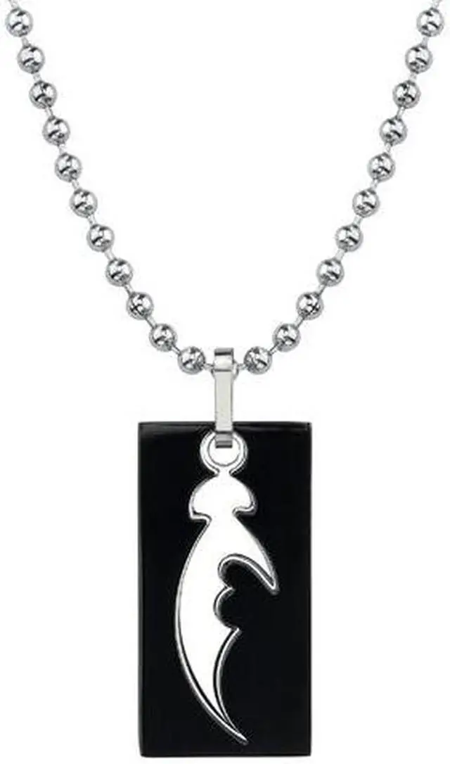 Alt view image 3 of 4 - Fascinating Style: Designer Inspired Titanium Cutout Dog Tag Tribal Blade Pattern Pendant on a Stainless Steel Ball Chain