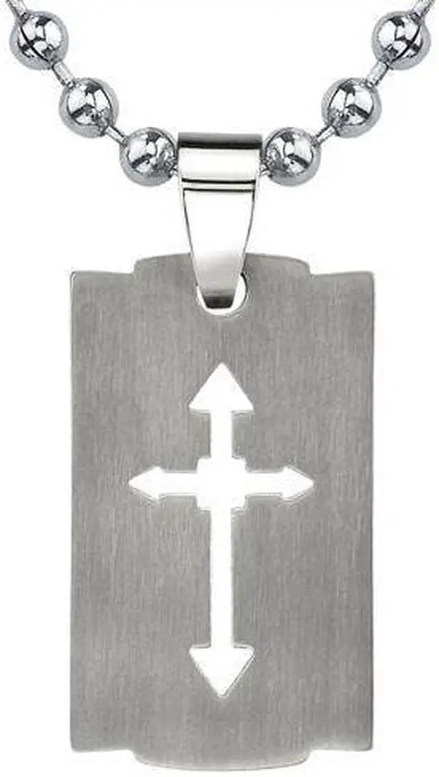 Alt view image 2 of 4 - Strong Faith: Designer Inspired Titanium Brushed Finish Cut-out Arrow Cross Razor Bladed Design Dog Tag Pendant on a Stainless Steel Ball Chain for Men